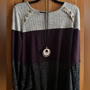 Gray and Purple Colorblock Sweater with Necklace